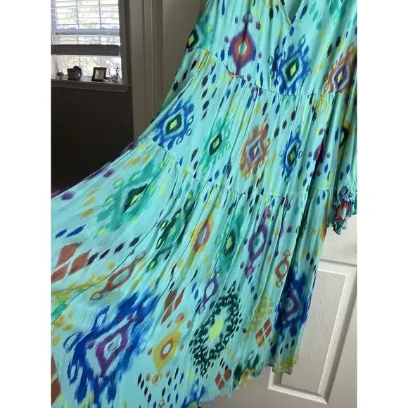 ANTHROPOLOGIE Serenade Turquoise Ikat Pullover Boho Maxi Dress Sz M *FLAW* - Picture 7 of 15